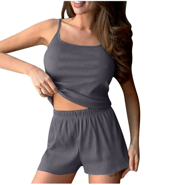 Ribbed Knit Two Piece Summer Outfits 2 Piece Pajama Sets 2025 Sleeveless Matching Lounge Crop Top High Waisted Short