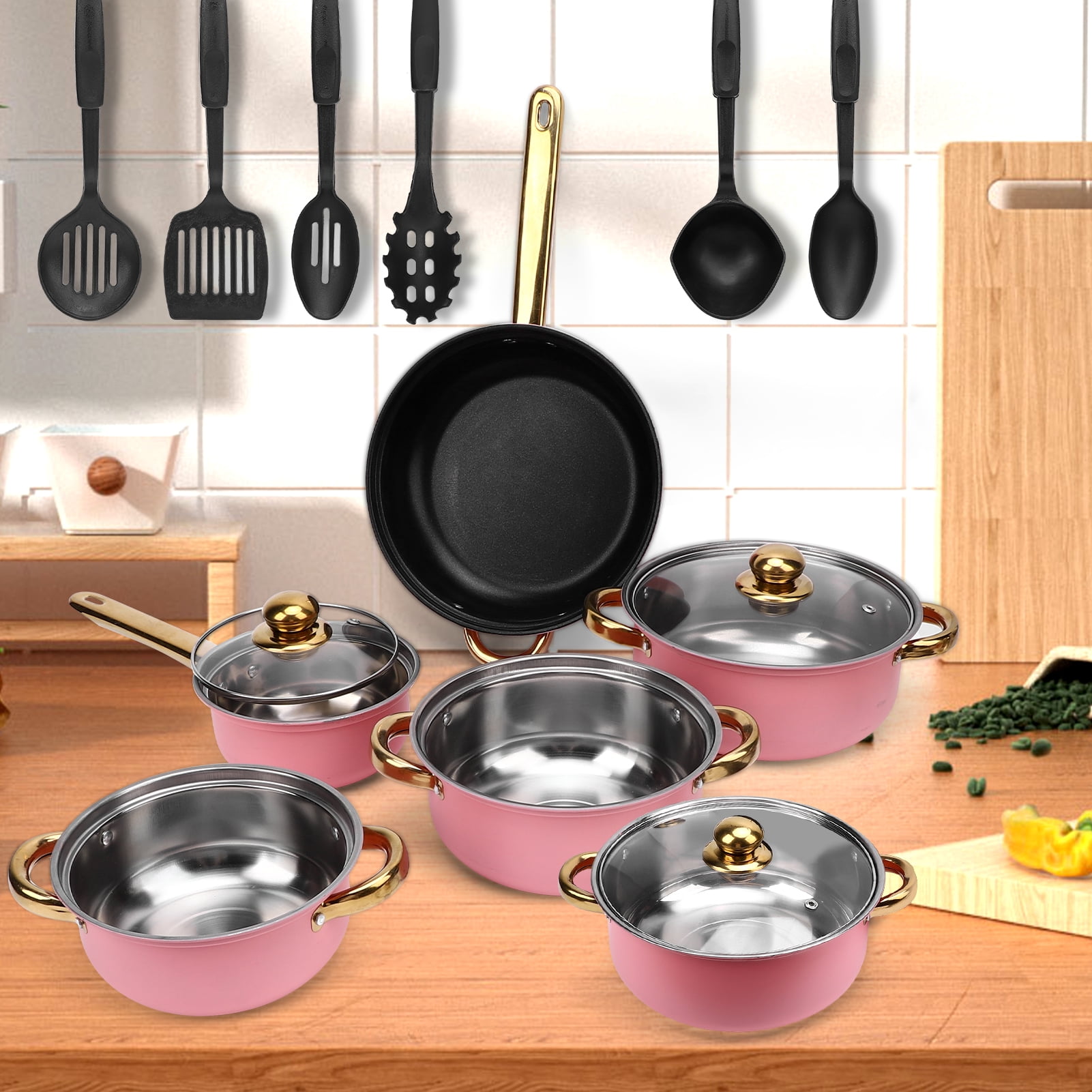 18 Piece Cookware Set, Kitchen Nonstick Pots and Pans Set with Glass Lid for Cooking, Induction & Dishwasher