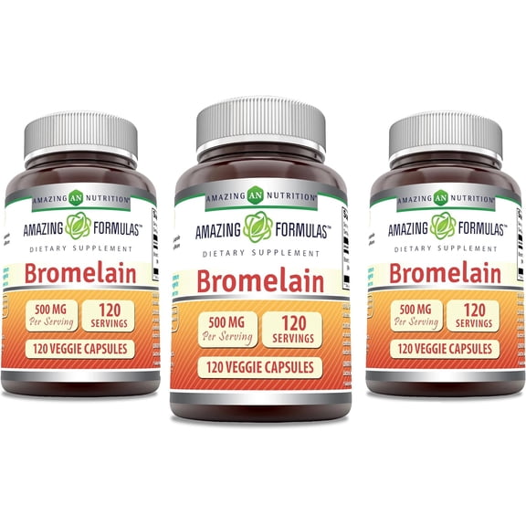 Amazing Formulas Bromelain 500 Mg (2400 GDU) Per Serving 120 Veggie Capsules Supplement | Non-GMO | Gluten Free | Ideal for Vegetarians | Pack of 3