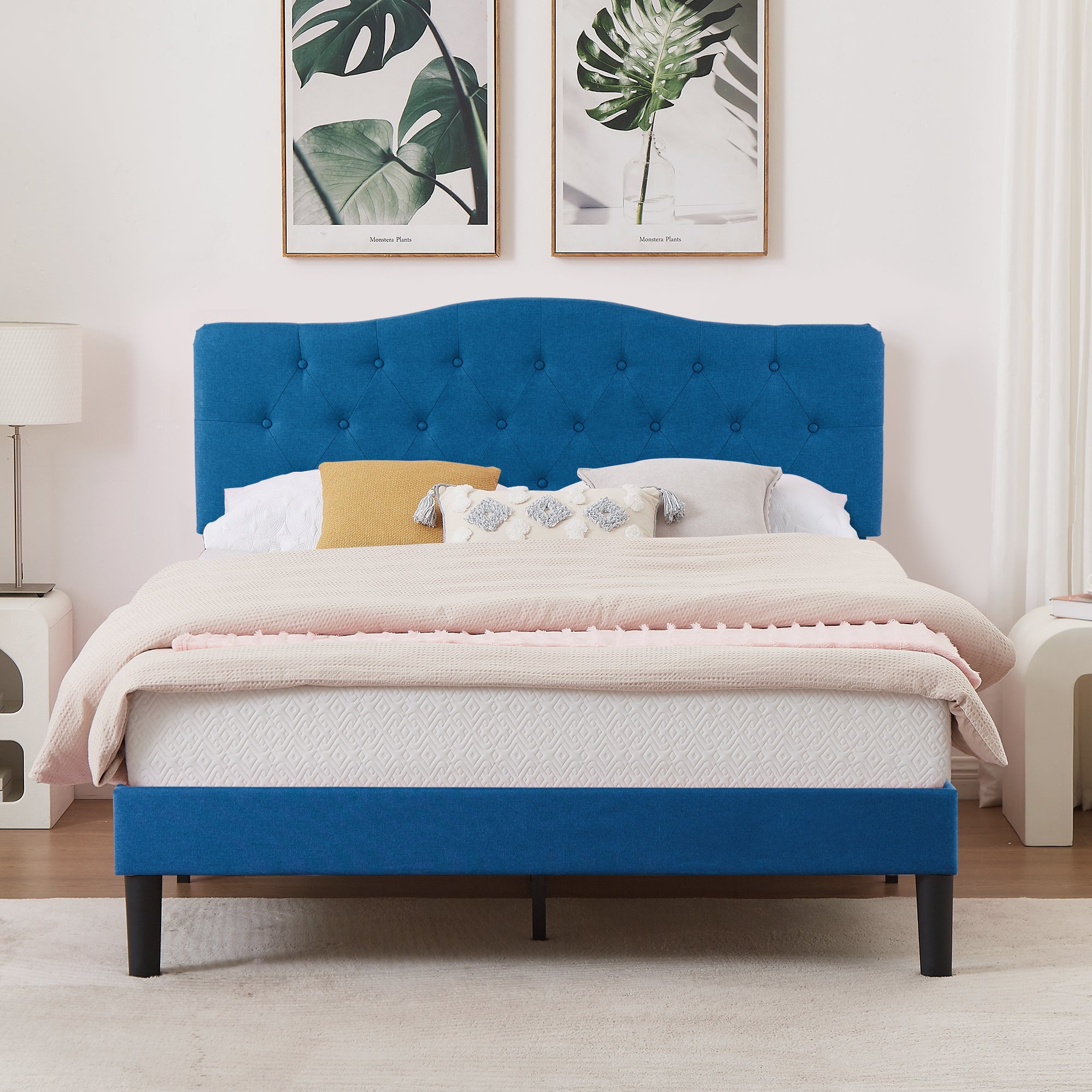 VECELO Upholstered Platform Bed with Adjustable Headboard，Queen Size，Blue