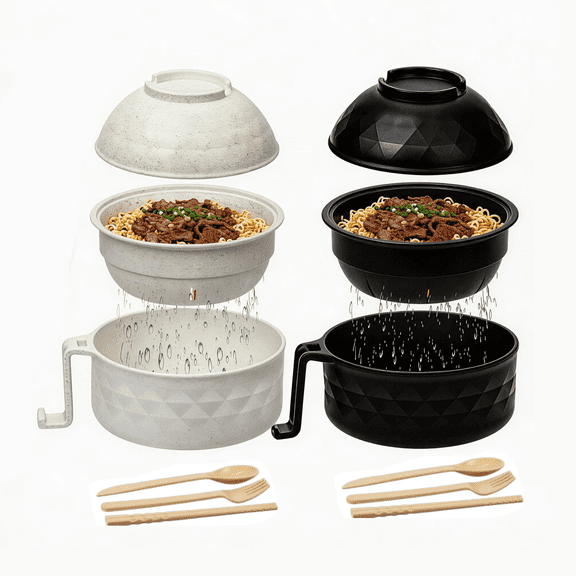 2 Sets of Microwave Ramen Bowls, Portable Wheat Fiber Ramen Cooker with Featuring Integrated Handles Strainer Spoon Chopsticks Fork, Ideal Cookware for College Dorms Apartments, 40 oz,Black & Beige