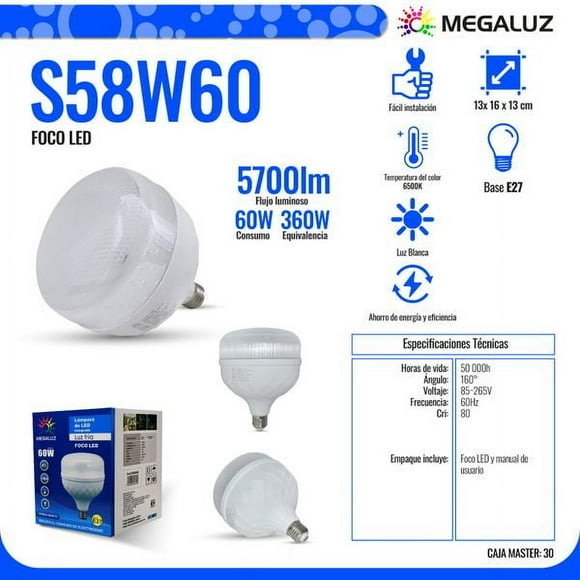 FOCO LED LUZ FRIA 60W (5700LM) MEGALUZ