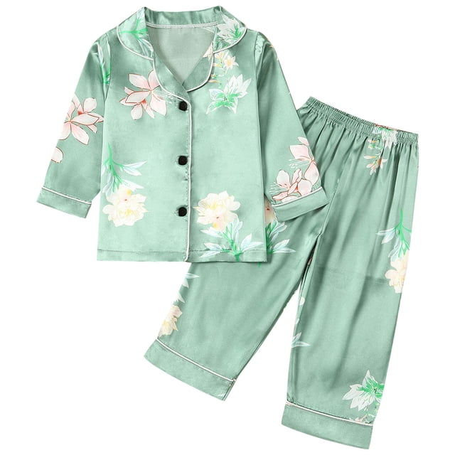 Odeerbi 1-8 Años Niños Niñas Pijamas de Raso Solapa de Muesca Camisa de Manga Larga Conjunto de Dos Piezas de Pijama Suave Estampado Floral