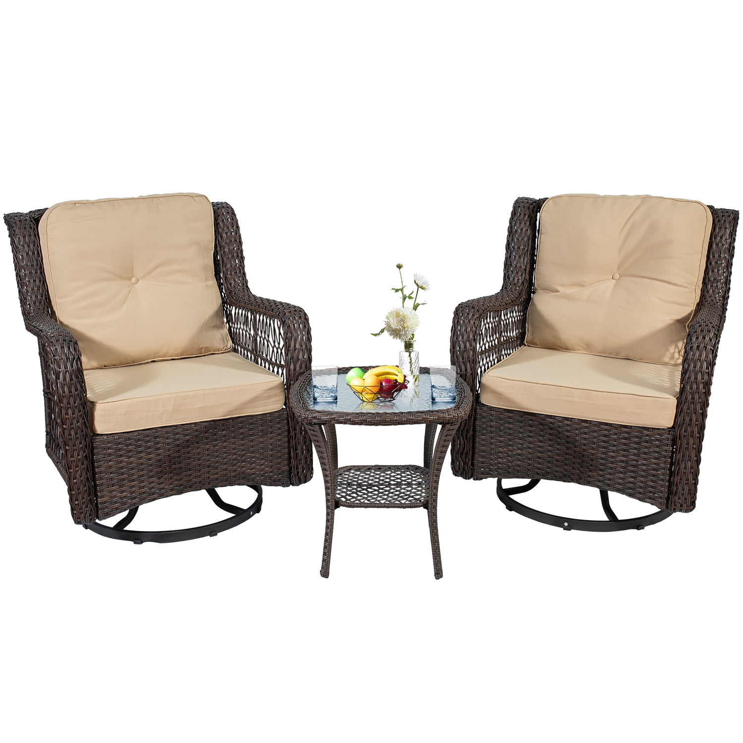 Beige 3 Pieces Outdoor Swivel Rocker Patio Chairs Set of 2 and Coffee Table，Outdoor Wicker Patio Bistro Furniture Set with Cushion 