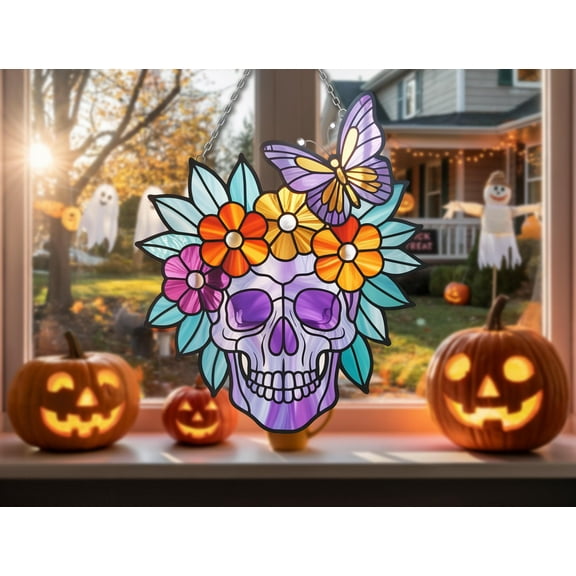 DÃ­a de los Muertos Wavy Acrylic Skull Suncatcher â€“ Halloween Window Decor with Vibrant Boho Gothic Flowers & Butterflies