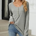 thumbnail image 2 of XFLWAM Women's Striped Tshirt Henley Long Sleeve Slim Fit Tops Scoop Neck Tee Casual Cotton Autumn Winter 90s Shirts Gray L, 2 of 5