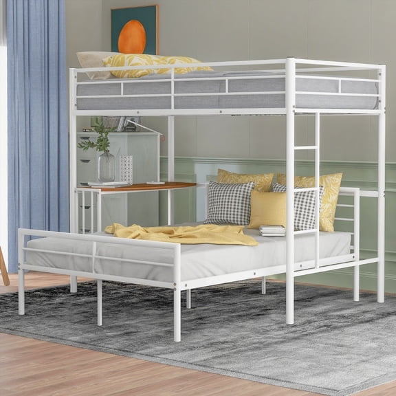 Twin Over Full Metal Bunk Bed | Desk & Ladder | Metallic White