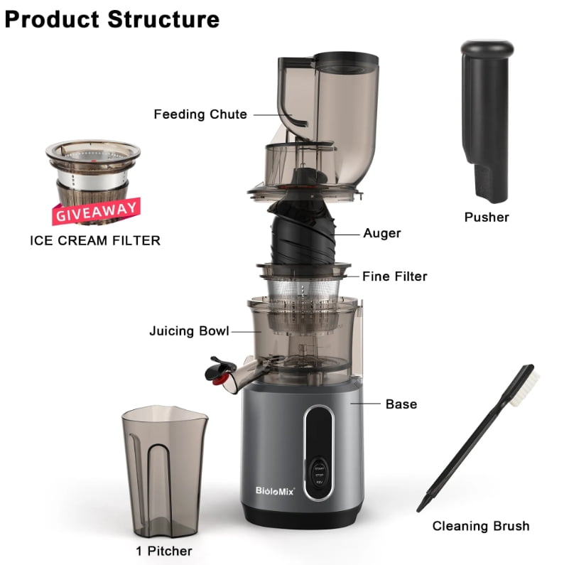 Cold Press Juicer with 75mm Feed Chute, 200W 40-65RPM Powerful Motor Slow Masticating Juice Extractor Fits Whole Fruits