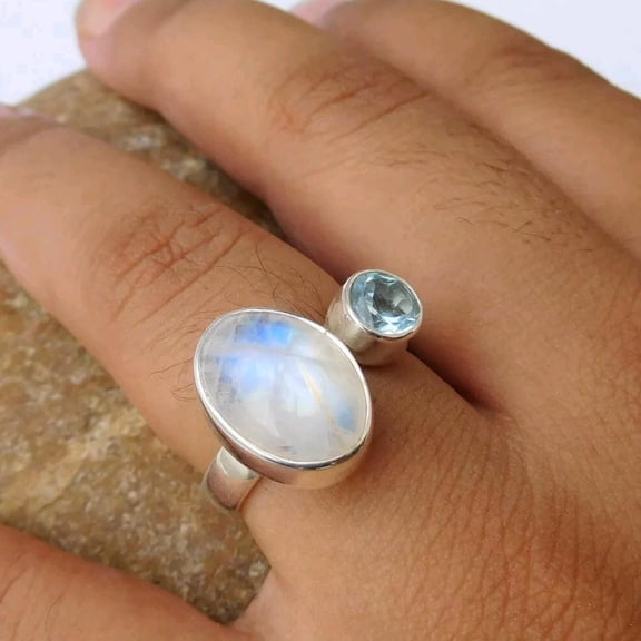 Natural Moonstone & Blue Topaz Ring, 925 Sterling Silver Ring, Oval Shape Gemstone, Two Gemstone, Adjustable Ring, Healing Crystal Gemstone*