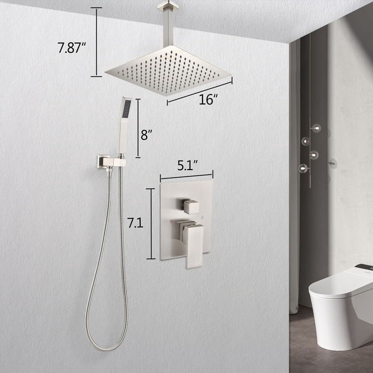 16" Ceiling-Mounted Shower System – Brushed Nickel Stainless Steel Rainfall Shower Head & Handheld Sprayer, Brass Combo with Air-In Tech for Low Pressure