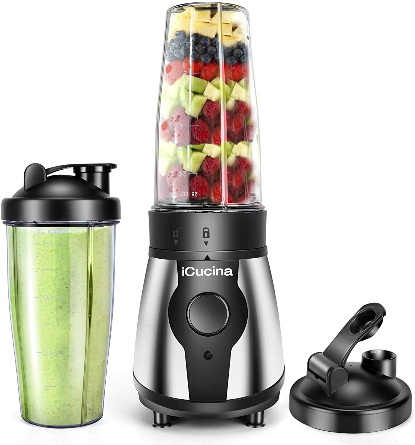 ved godt hår rør Icucina Personal Portable Bullet Blender 300 watt for shakes and smoothies|  Easy Clean Shake Blender with One-Button Operation |28 Ounce Blender Cups  with To-Go Lids - Walmart.com