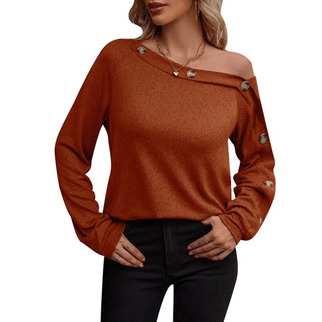 Jersey de mujer con hombros descubiertos, manga larga, Color puro, sudadera, blusa para otoño invierno, naranja, XL
