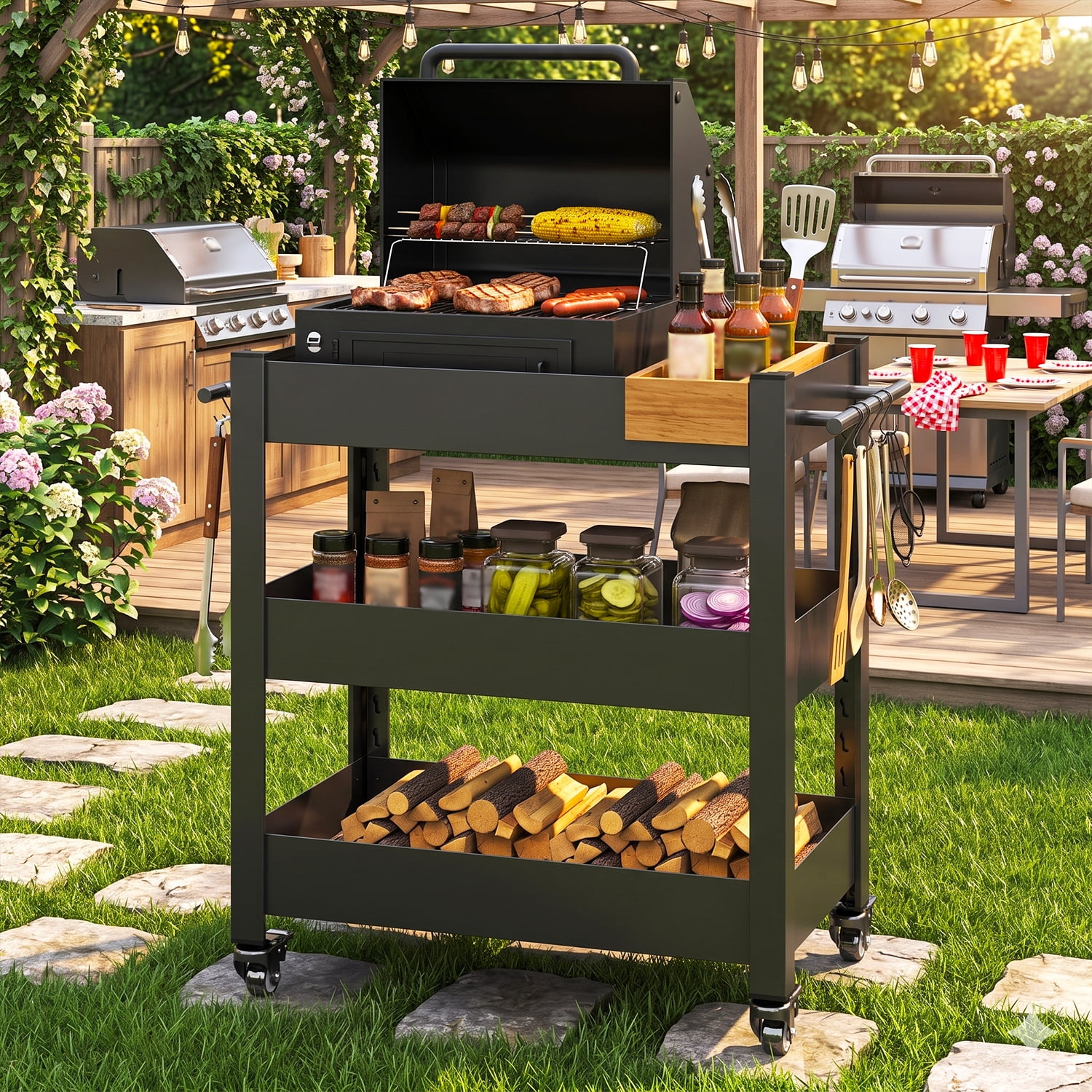 Heavy-Duty Grill Cart with 3-Tier Storage and Pegboard for BBQ