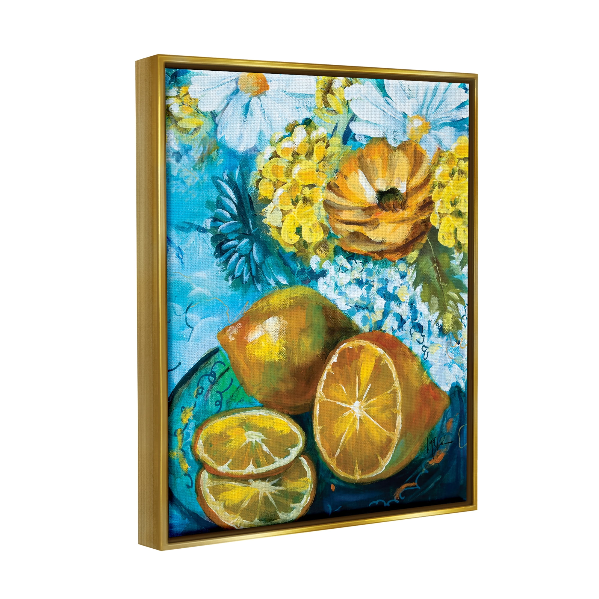 Stupell Industries Lemons & Flowers Painting Food & Beverage Painting Gold Floater Framed Art Print Wall Art, 25 x 31