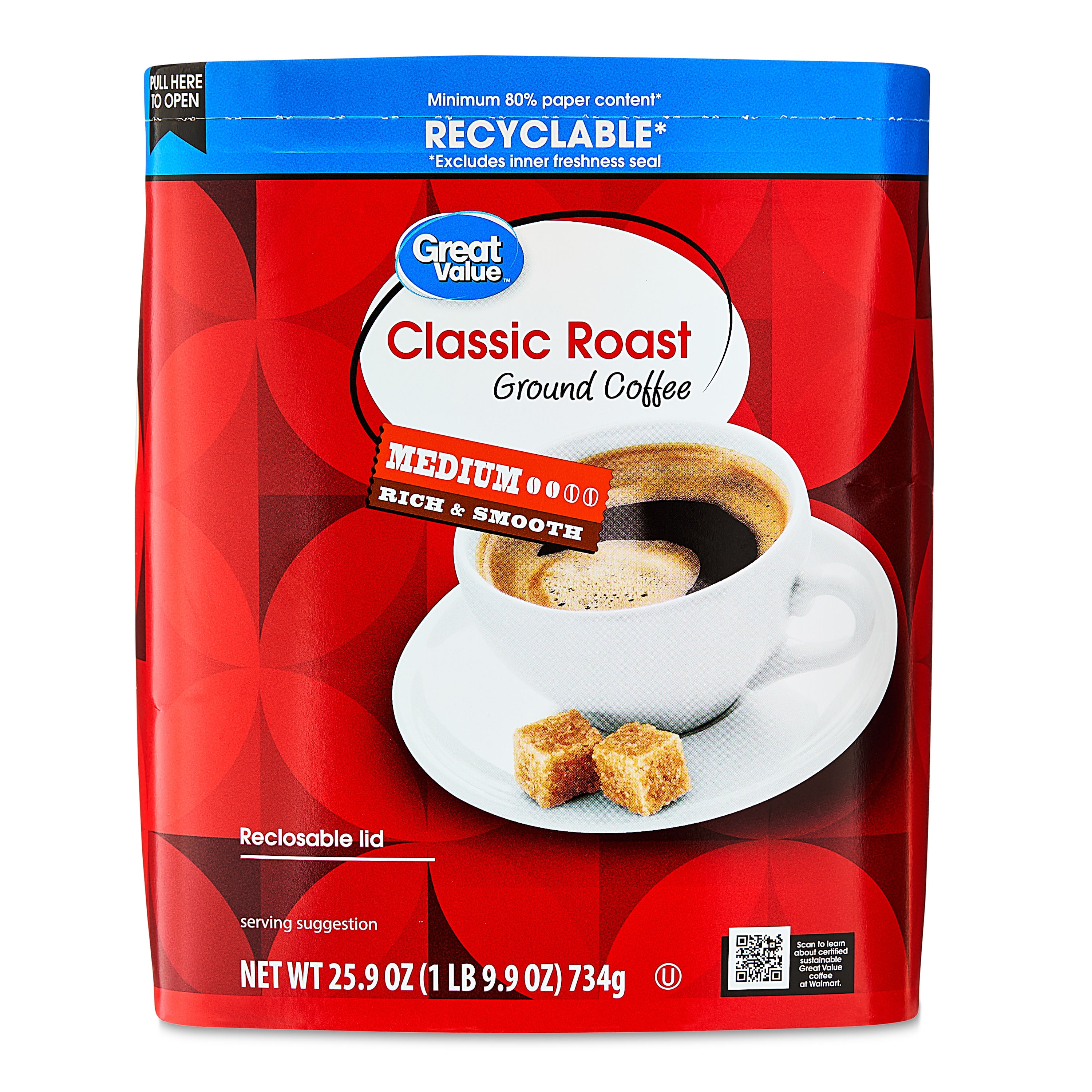 (6 pack) Great Value Classic Medium Roast Ground Coffee, Naturally Caffeinated, 25.9 oz