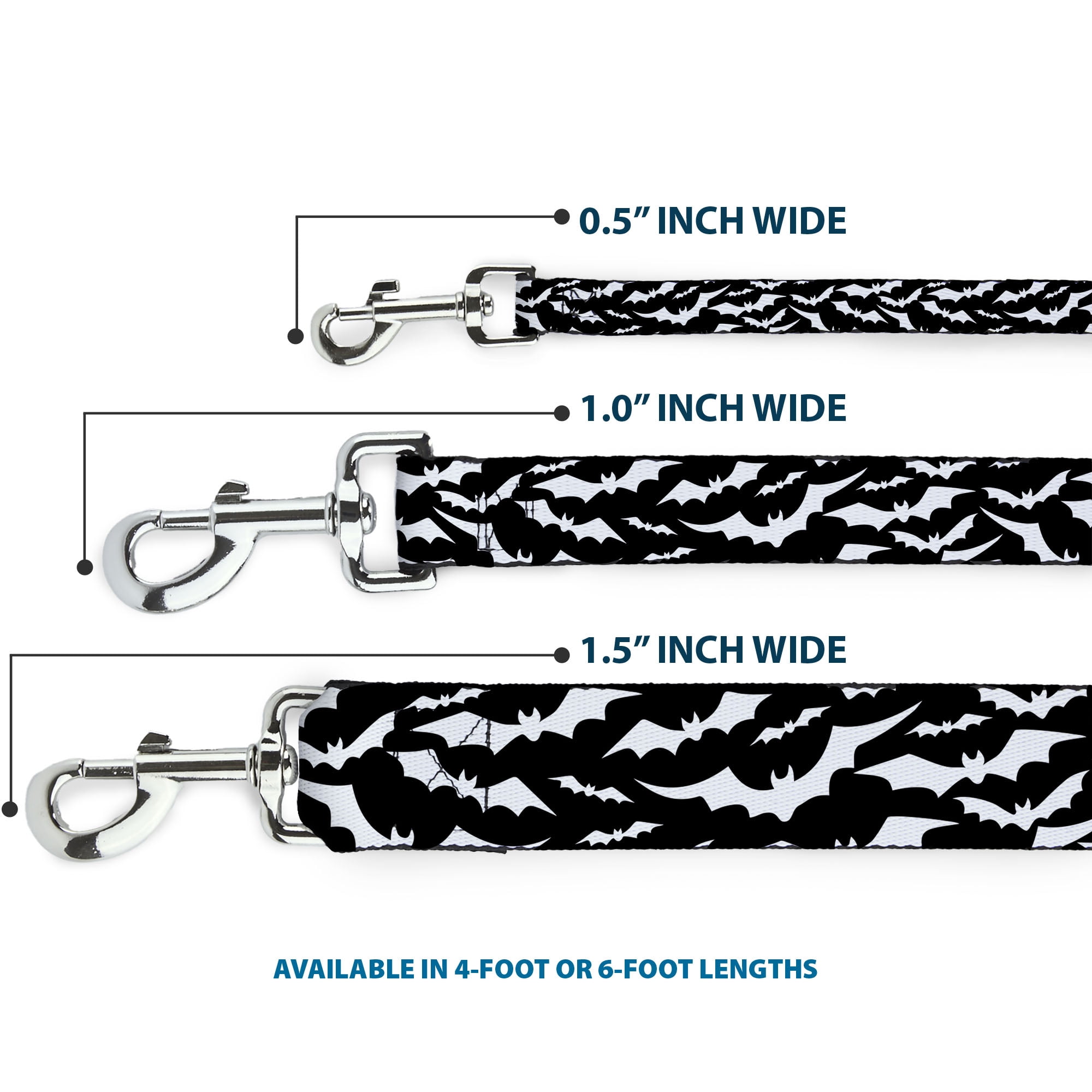 Buckle-Down Pet Leash, Dog Leash, Bats Flying Scattered Black White, 6 Feet Long 1.0 Inch Wide