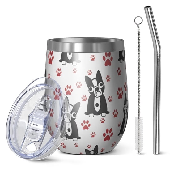 12oz Stemless Wine Tumblers Boston Terrier Puppy Dog Vacuum Insulated Stainless Steel Travel Tumbler Cups Mug with Lid and Straw for Champaign,Cocktail,Beer with Cleaning Brush