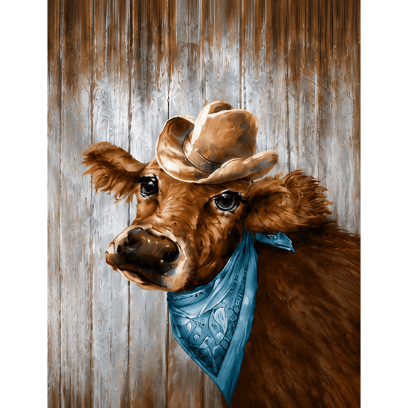 8x10 Inch Unframed Canvas Wall Art, Cute Cow with Cowboy Hat & Blue Bandana Print, Farmhouse Western Decor, Rustic Cow Painting, Farm Animal Artwork, Home Decor Gift