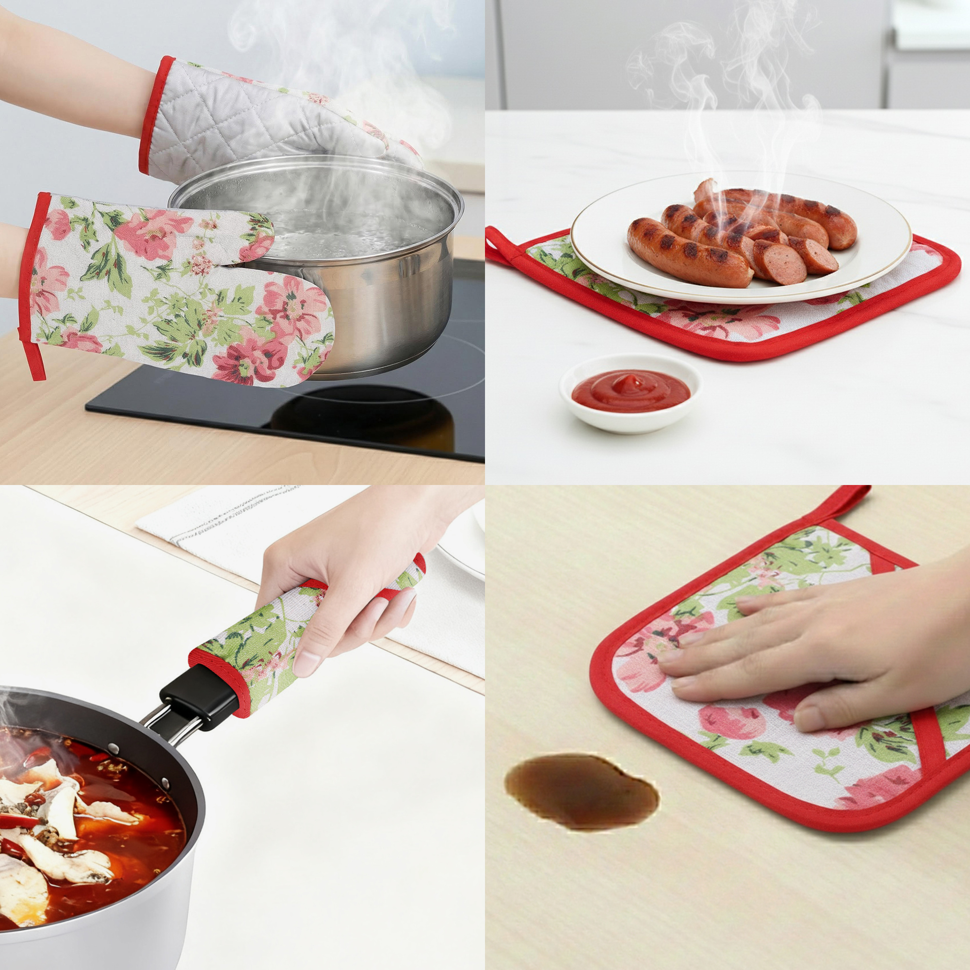 Unique Bargains Oven Mitts Pot Holder Heat Resistant Kitchen Gloves Red 10x6.5inch