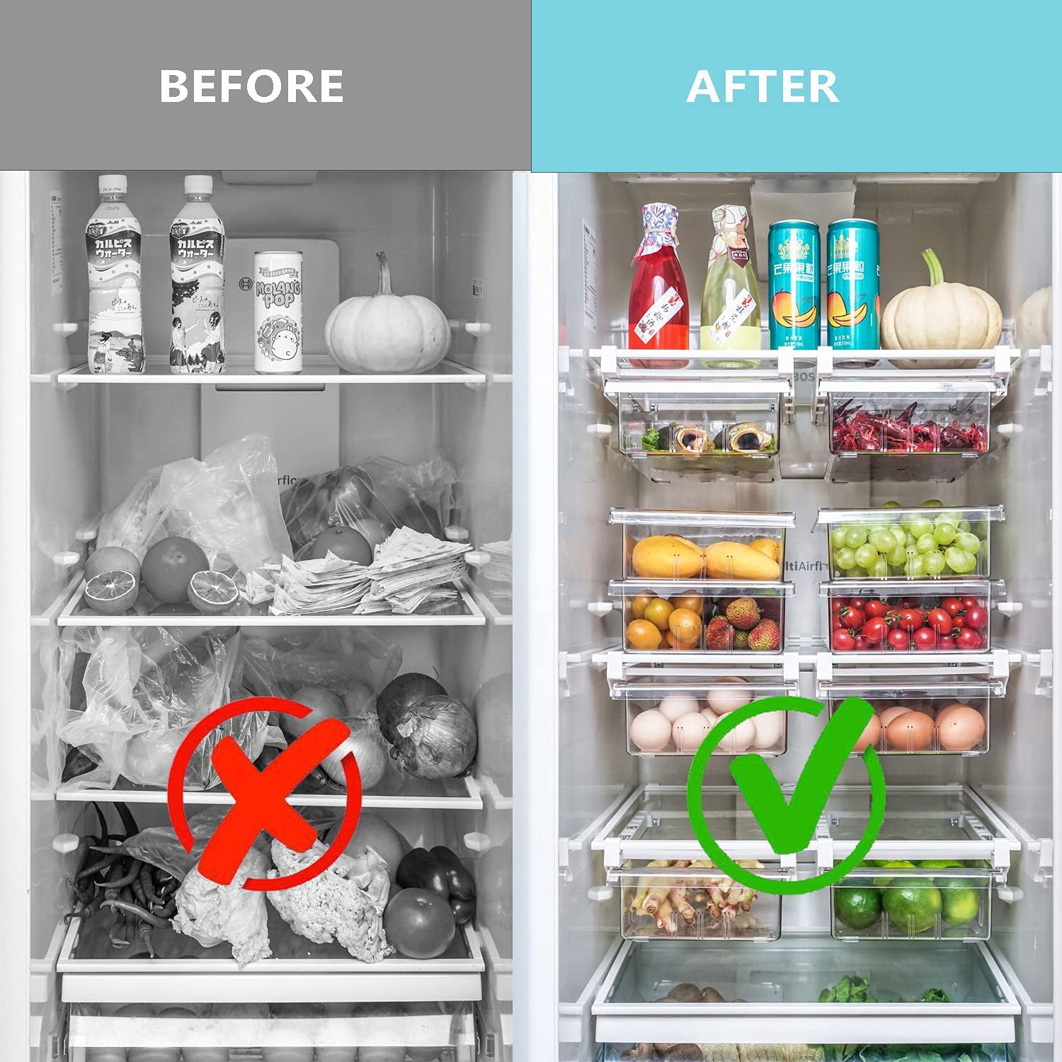 Refrigerator Organizer Bins with Handle -  2PCS Pull-out Fridge Drawer Organizer Refrigerator Storage Box Refrigerator Egg Drawer