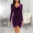 thumbnail image 2 of Vestido corto de otoño para mujer, vestido ajustado con dobladillo fruncido, manga larga, cuello en V, vestido delgado para otoño primavera púrpura S, 2 of 6