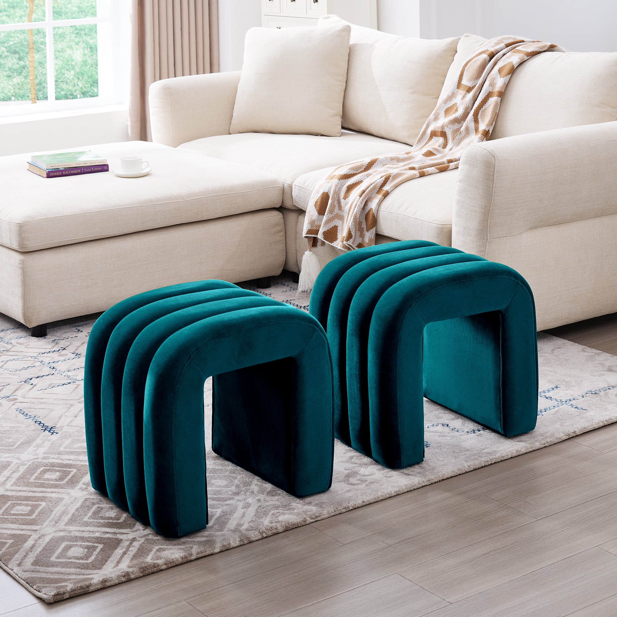 Zesthouse Multi-Functional Ottoman Stool, Tufted Velvet Foot Stools Ottoman for Couch, Modern Vanity Stool for Living Room, Bedroom and Entryway, Teal