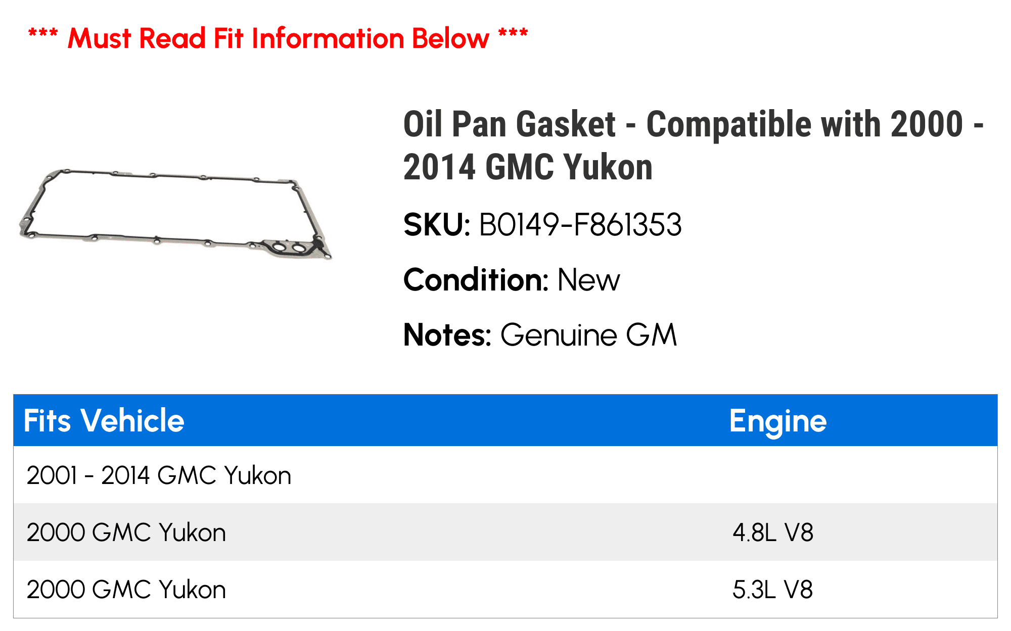 Oil Pan Gasket - Compatible with 2000 - 2014 GMC Yukon 2001 2002 2003 2004 2005 2006 2007 2008 2009 2010 2011 2012 2013