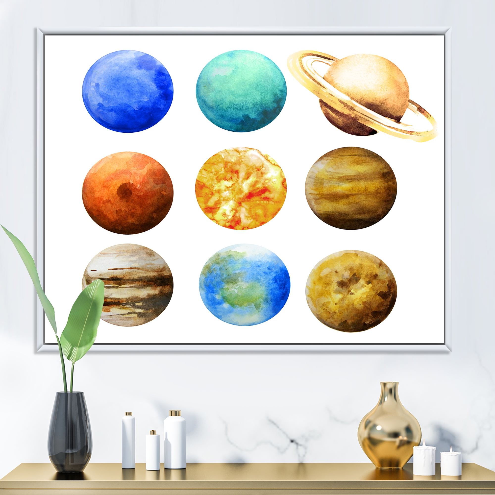 Designart 'Different Planets In Orbit' Modern Framed Canvas Wall Art Print