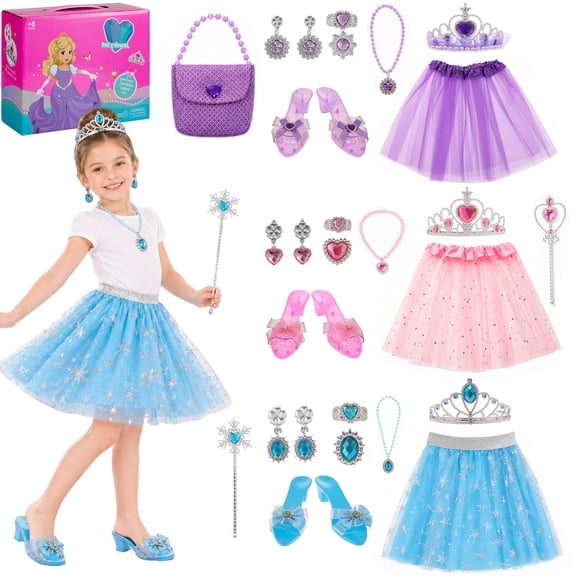 Zacro Princess Girls Dress Up Toy Set, Toddler Dress Up Clothes Set with Skirts, Shoes, Crowns, Purses, Wands and Jewelry, Pretend Role Play Toys for Girls Toddler 3 4 5 6 Year Old
