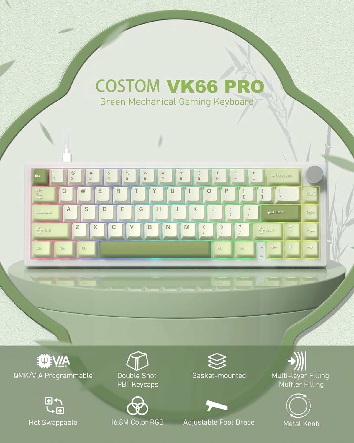 COSTOM Mechanical Gaming Keyboard, 60% QMK/VIA Creamy Mechanical Keyboard, RGB Cute Wired Keyboad with Hot Swappable Gasket,Green