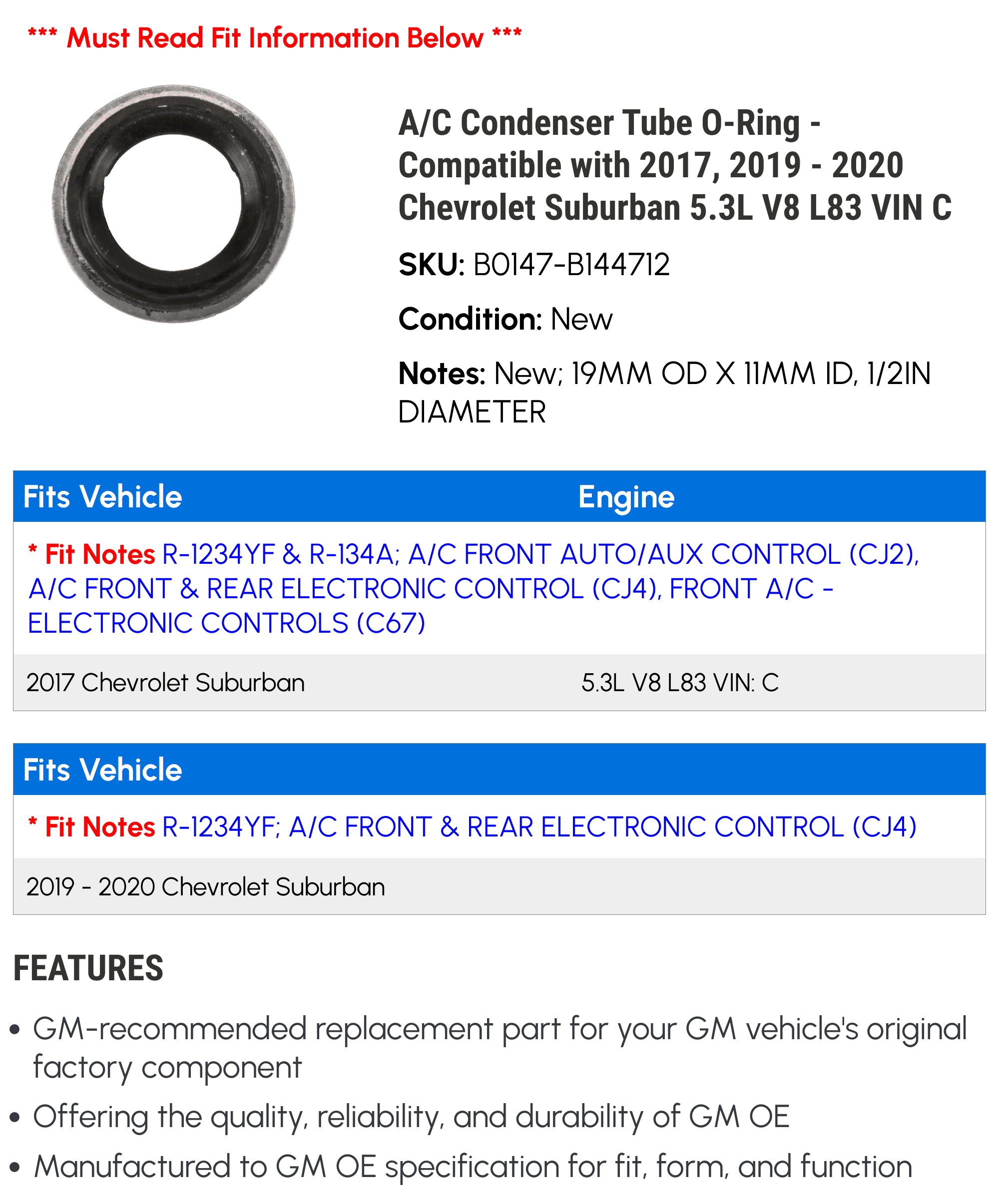 A/C Condenser Tube O-Ring - Compatible with 2017, 2019 - 2020 Chevrolet Suburban 5.3L V8 L83 VIN C - AC Delco