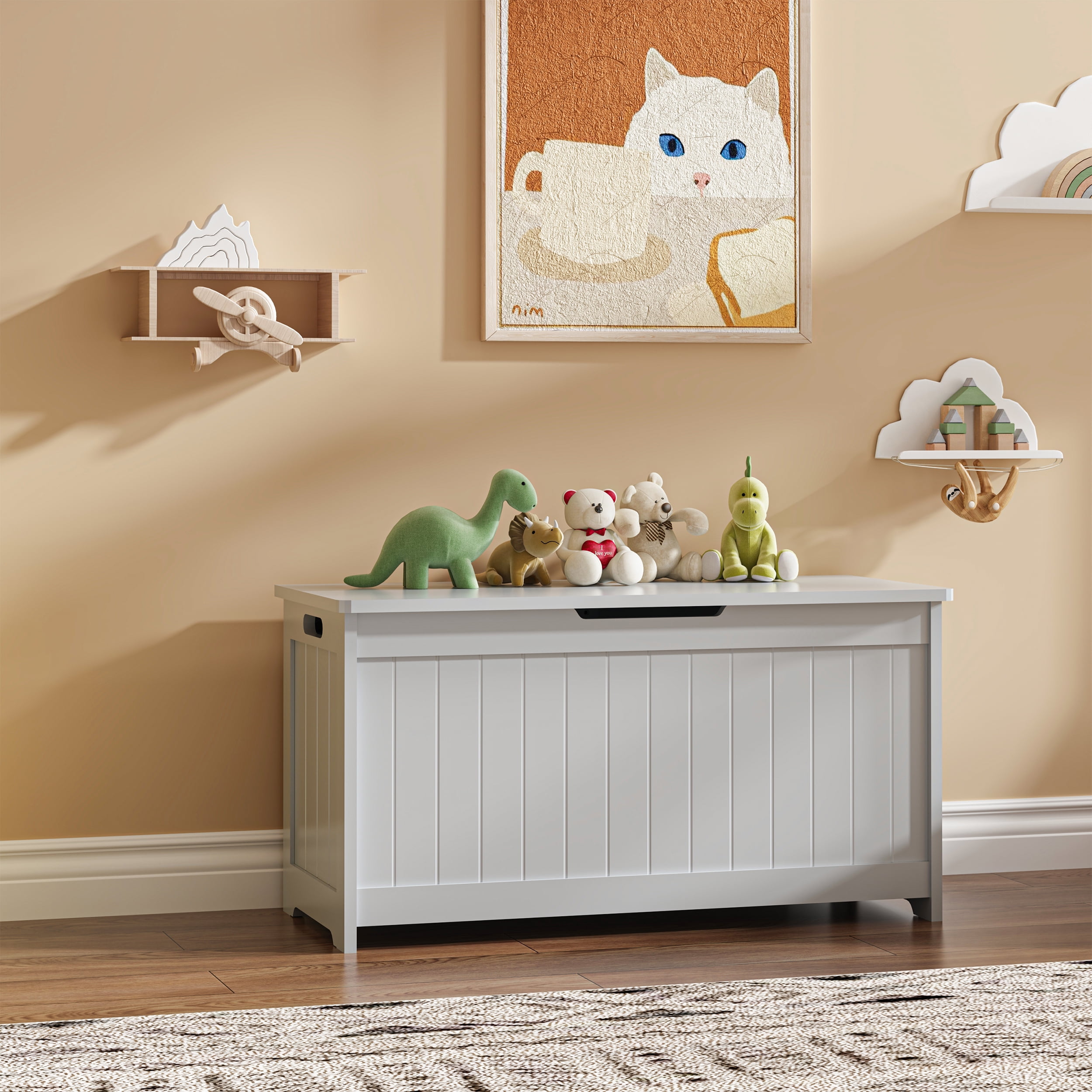 Kids Toy Box, Gray Wooden Toy Chest Organizer with Safety Hinged Lid, Entryway Storage Bench Supports 100 lbs, Toy Storage Chest for Bedroom, Toddler Room, L0293