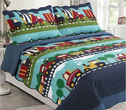 Golden Linens 3 pcs 29 Bedspread Kids Quilt Multicolor Blue Train at Work # Full Toot Toot Train 1 Quilt, 2 Pillow Cases