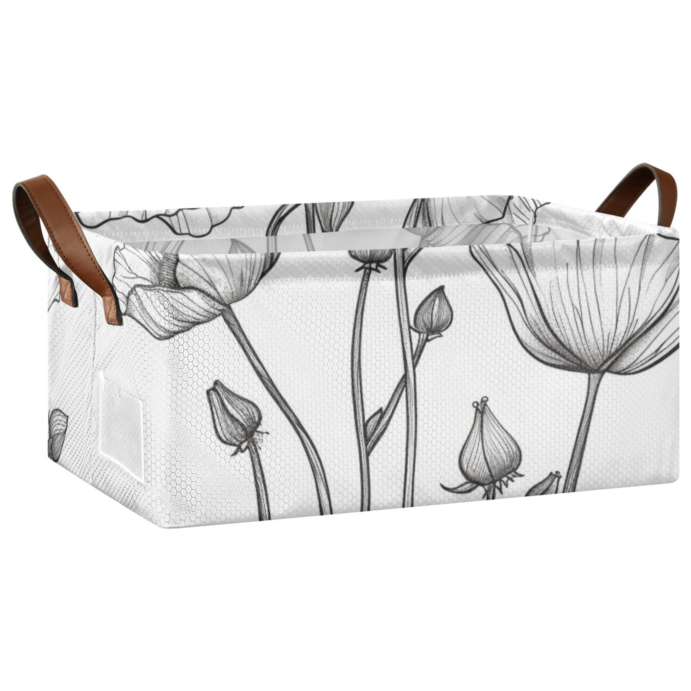 Black Line Flowers Storage Bins with Handles Foldable Storage Baskets for Shelves Organizer Cloth Baskets