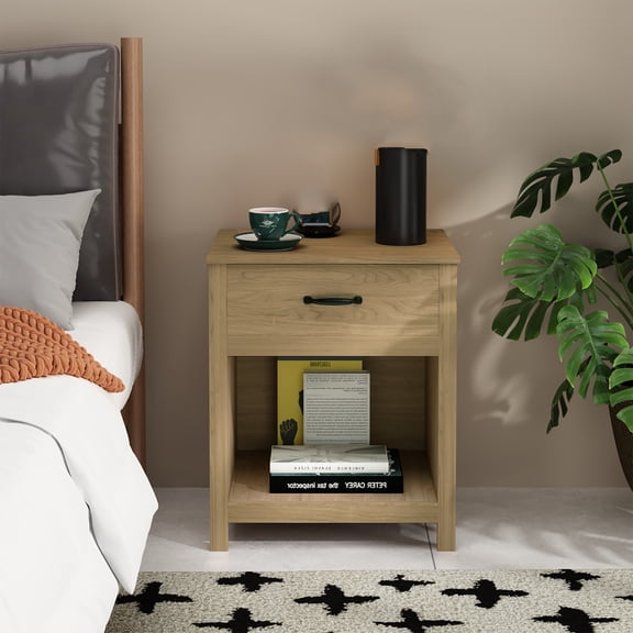 Cterwk Modern Nightstand with 1 Drawer and Open Shelf, Wood Bedside Table End Table for Bedroom, Living Room, Brown