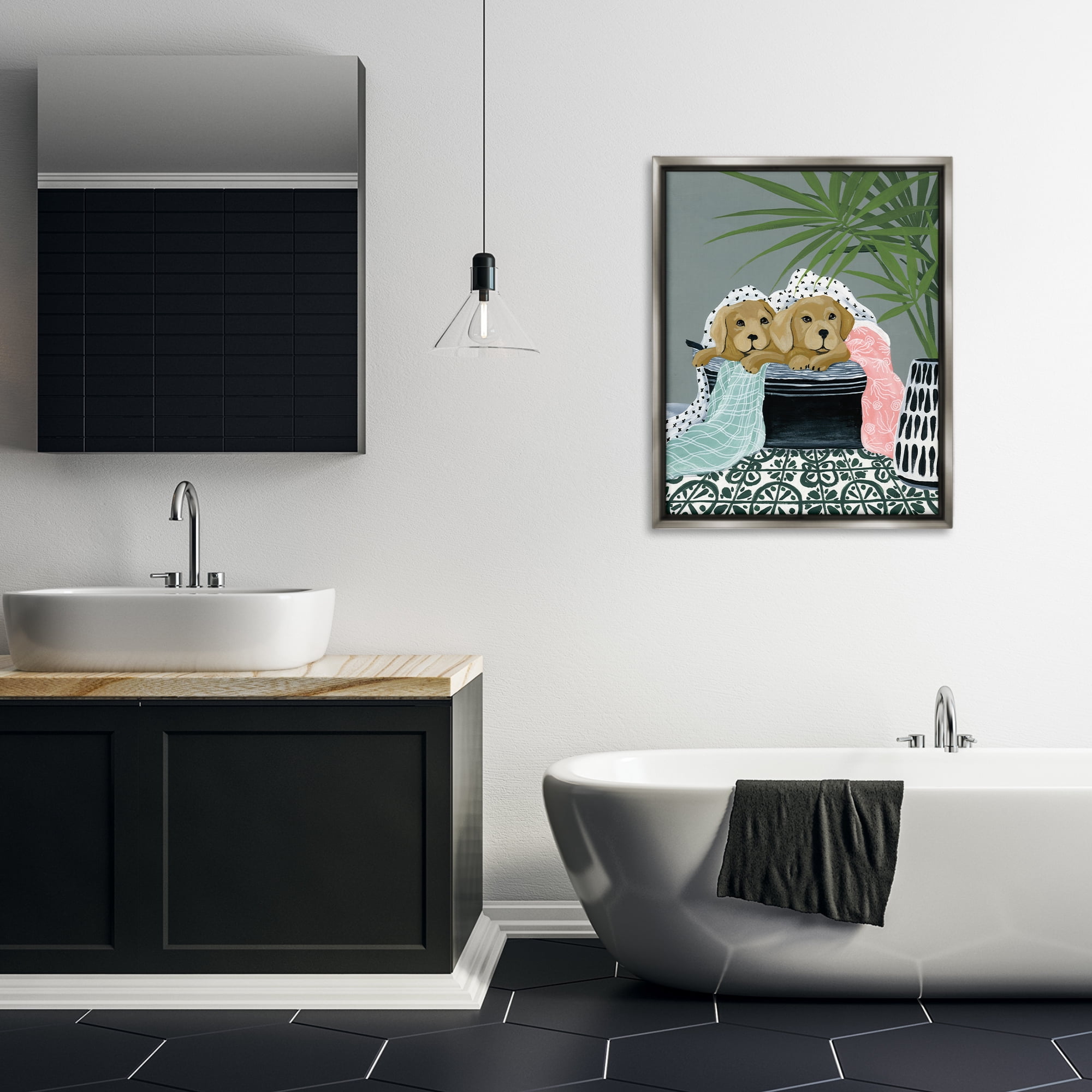 Stupell Industries Cuddling Laundry Dogs Bath & Laundry Painting Gray Floater Framed Canvas Art Print Wall Art, 25 x 31