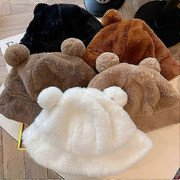 Fashion Autumn Winter Bucket Hat Bear Ear Ball Plush Fisherman Hat Soft Warm Thick Basin Hat Protection Bucket Hats-black