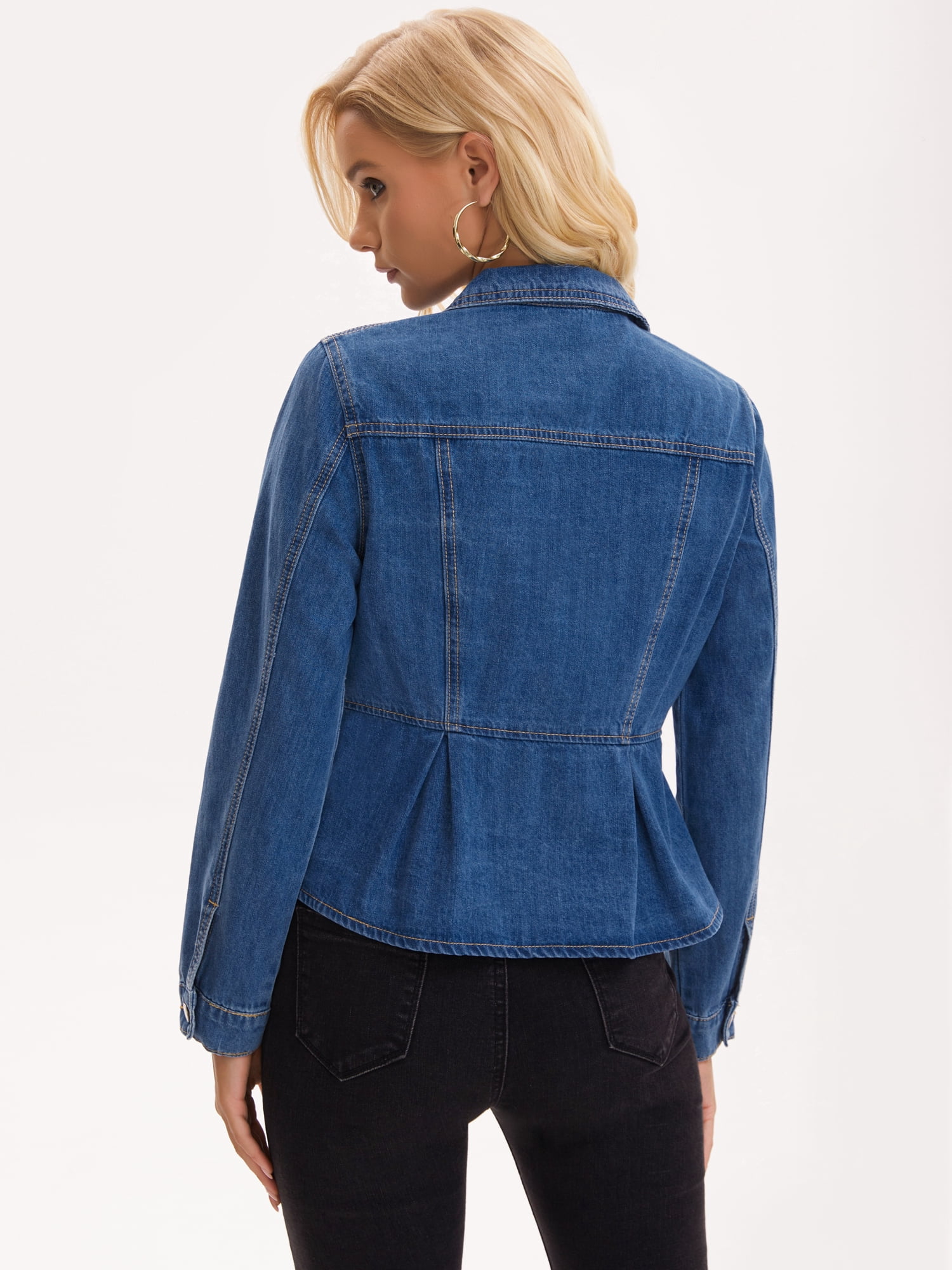 DARING DIVA Women's Button Down Collar Ruffle Hem Peplum Jean Jacket L Blue