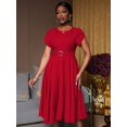 thumbnail image 4 of Elegant Red Womens Dress With Round Neck, Pleated Puff Sleeves, And Waist Belt Decor, 4 of 6