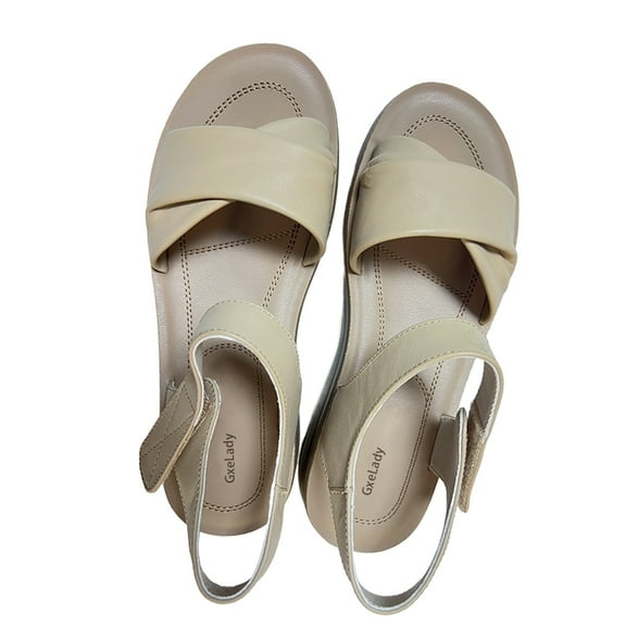 GxeLady Sandals, Flat Faux Leather Ankle Strap and Adjustable Buckle Sandals for Women, Cream