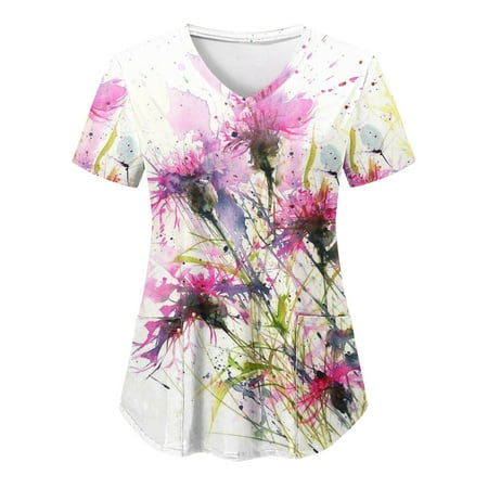 

Scrubs For Women Tops Printed Spring And Summer Casual Short Sleeved V Neck Watercolor Butterfly Flower Print With Pocket Women s Working Uniform Nursing