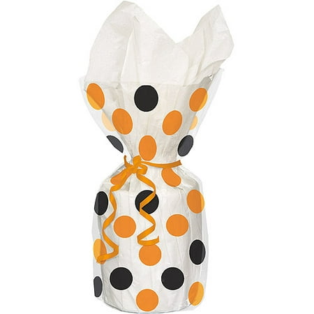 Polka Dot Halloween Cellophane Bags, 11 x 5 in, Orange and Black, 20ct