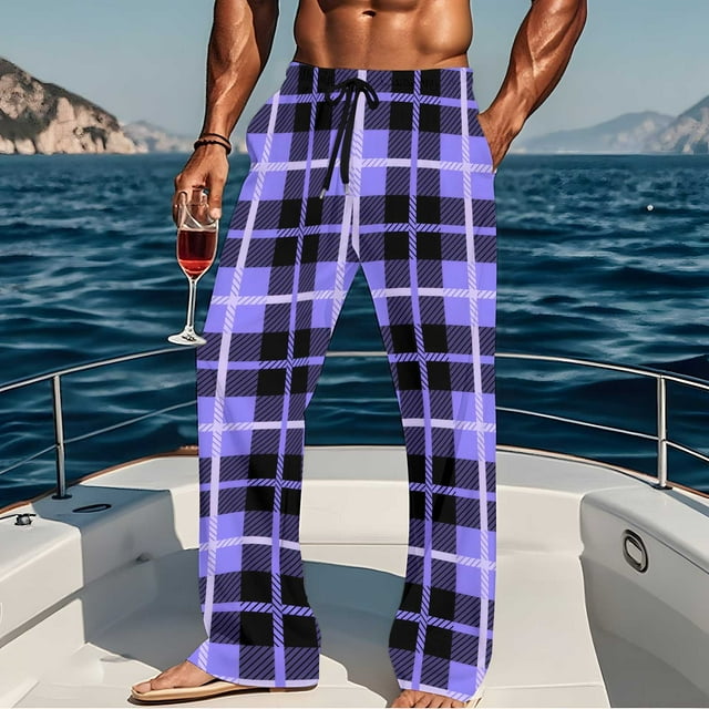 Pantalones de pijama largos para hombre, informales, con estampado a cuadros, holgados, deportivos, elásticos, rectos, vintage, con bolsillos