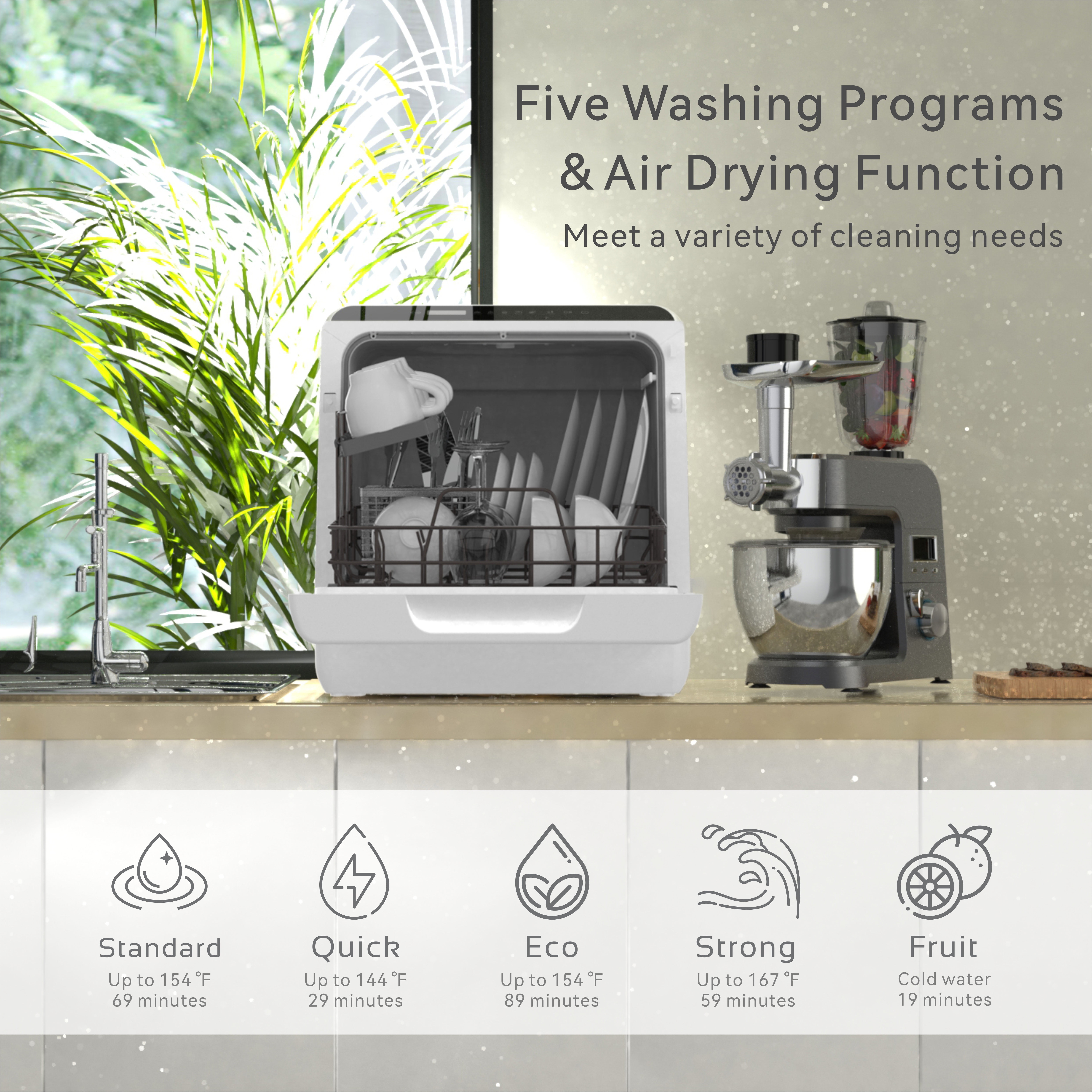 Portable Countertop Dishwasher, 5 Washing Programs Mini Dishwasher with 5L Built-in Water Tank & Inlet Hose, Baby Care & Fruit Wash for Small Apartment, Dorms, RVs -White - 1