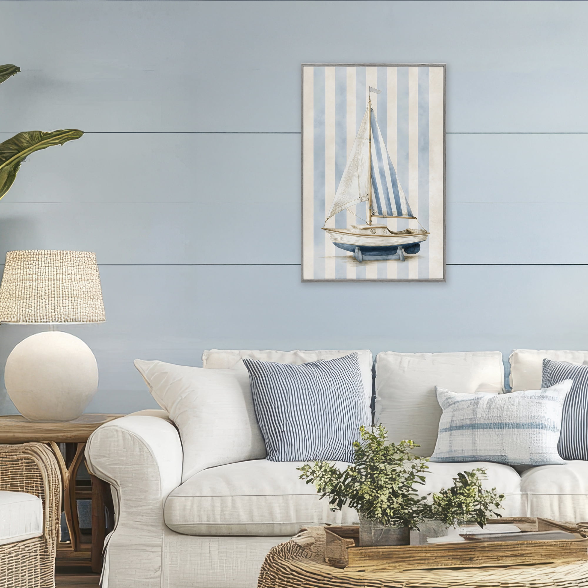 Stupell Industries Seaside Stripes Sailboat Gray Framed Giclee Art, design by Petal Prints Design