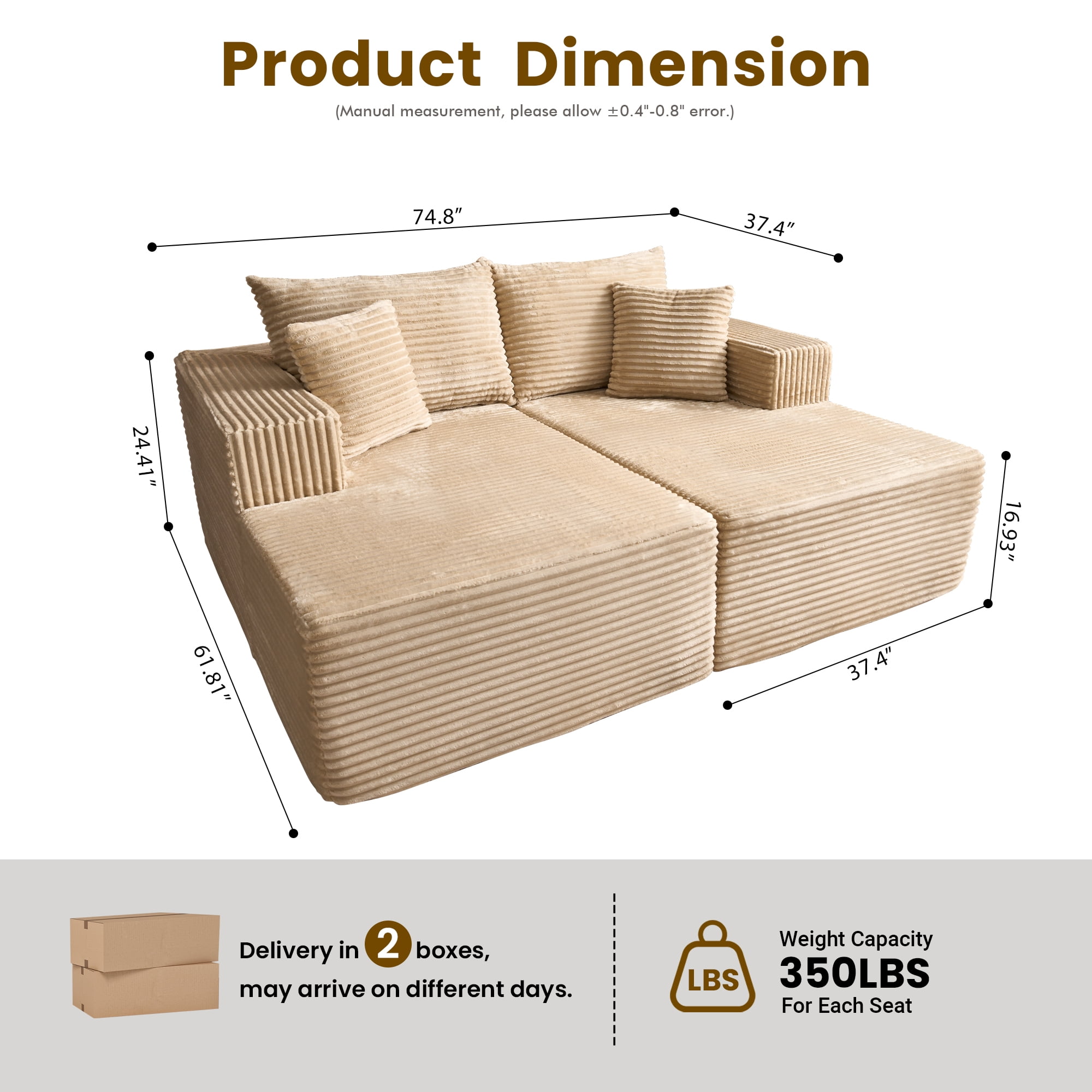 Vcatnet 75"x62" Modular Sectional Sofa Couch Plush Corduroy Chaise Lounge Loveseat Sofa Bed Oversized Upholstered Sleeper Sofa for Living Room and Bedroom, Beige