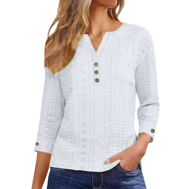 Camiseta de Cuello en V Botones Casuales de Manga Larga de las Mujeres, Botones de Poliéster Suaves para Otoño Invierno