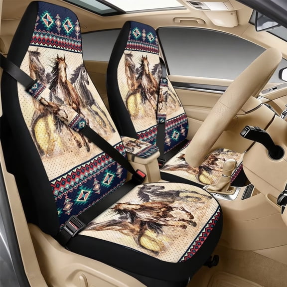 Xixirimido Car Seat Covers for Front Seats 5Pcs Car Accessories with Seat Belt Covers & Center Console Cover Universal Fit for SUVs,Vans,Trucks,Sedans, Ethnic Tribal Horses