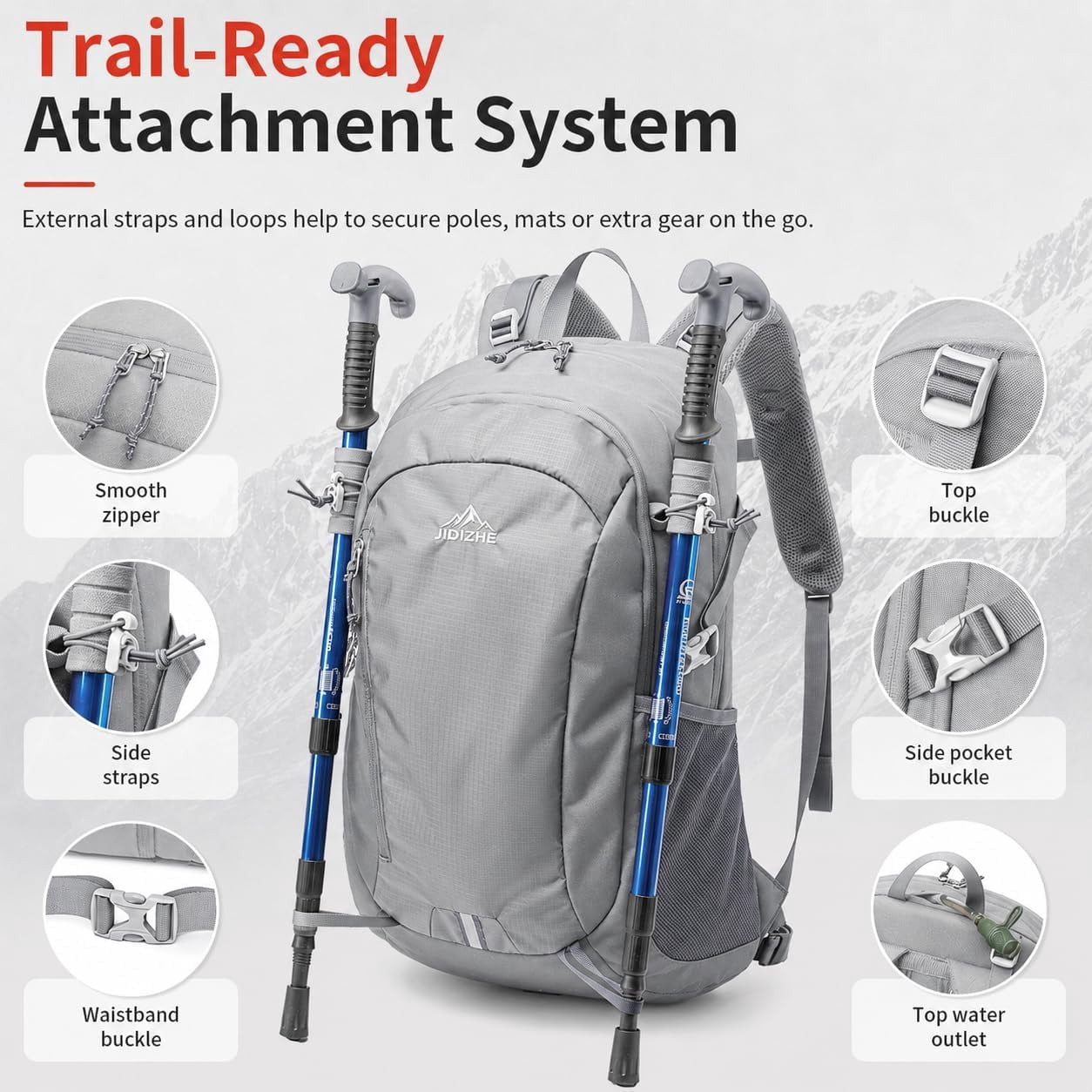 JIDIZHE 35L Hiking Backpack, Water Resistant Daypack with Rain Cover, Lightweight Design, Adjustable Chest Strap & Breathable Back Pad, Unisex for Hiking, Camping & Travel, Grey
