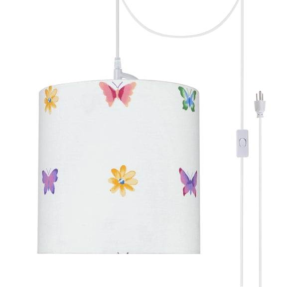 Aspen Creative 71062-21 One-Light Plug-In Swag Pendant Light Conversion Kit with Transitional Drum Fabric Lamp Shade, White, 8" width